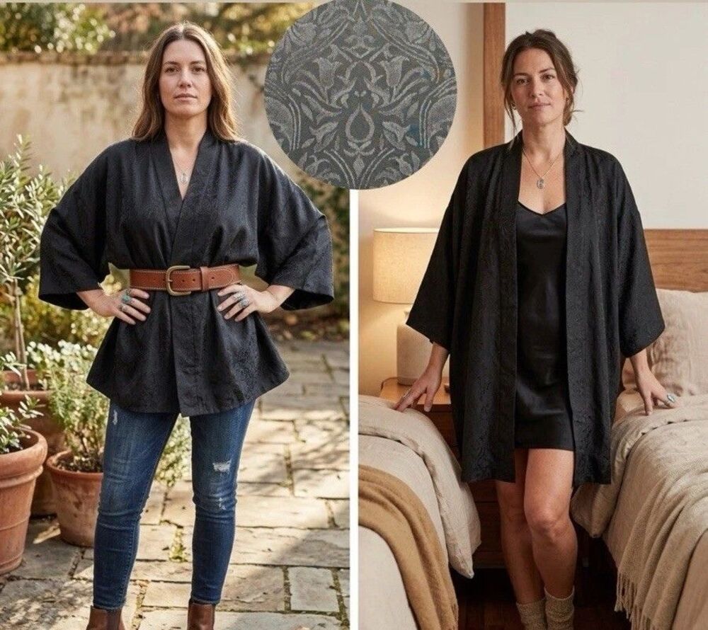 Delicates Black Paisley Jacquard Kimono Robe Boho Oversized Open Front hollywood